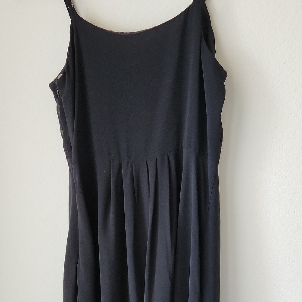 Black Slip Dress Camisole Straps High Low Hem silver tone buttons Pleated Waist - Picture 9 of 16